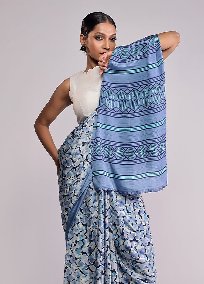 Blue Printed Silk Saree With Blouse Piece