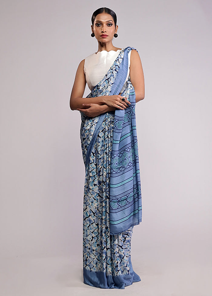 Blue Printed Silk Saree With Blouse Piece