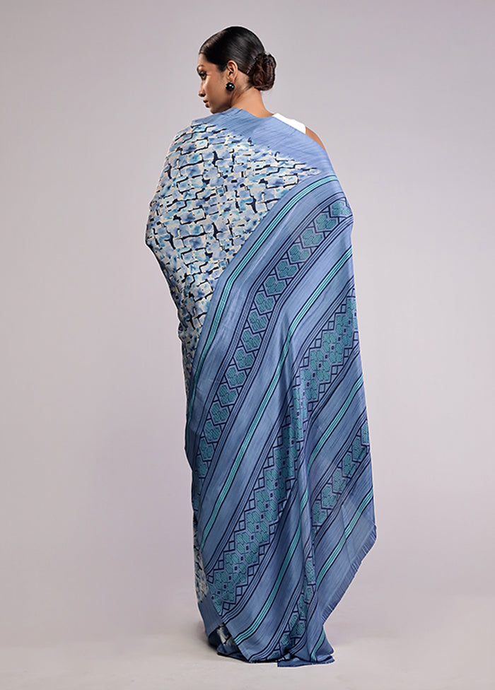 Blue Printed Silk Saree With Blouse Piece