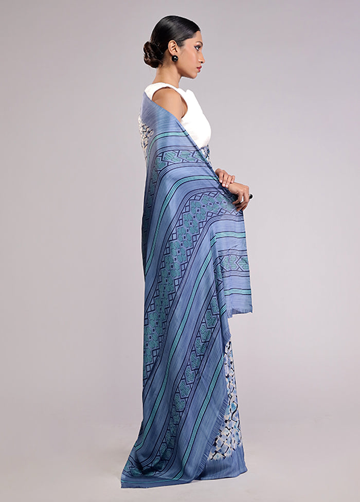 Blue Printed Silk Saree With Blouse Piece