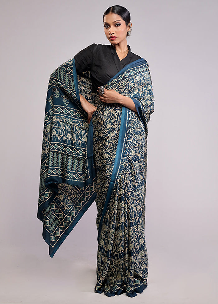 Blue Printed Silk Saree With Blouse Piece