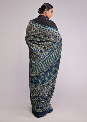 Blue Printed Silk Saree With Blouse Piece