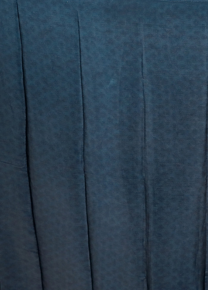Blue Printed Silk Saree With Blouse Piece
