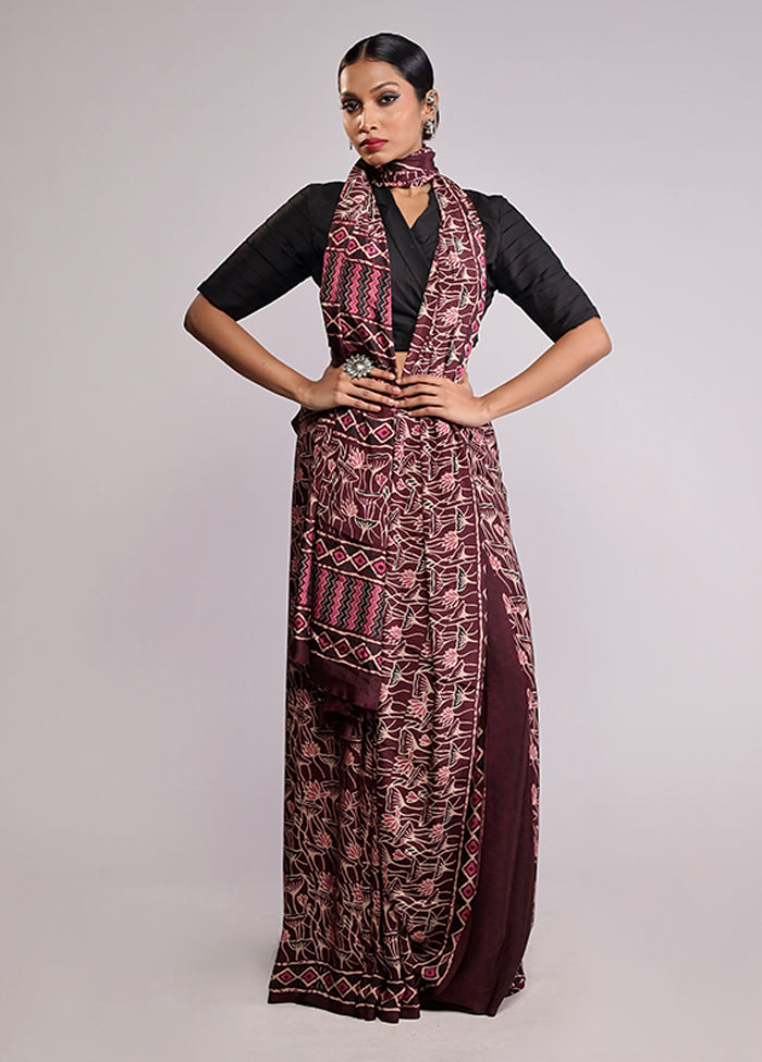 Maroon Printed Silk Saree With Blouse Piece