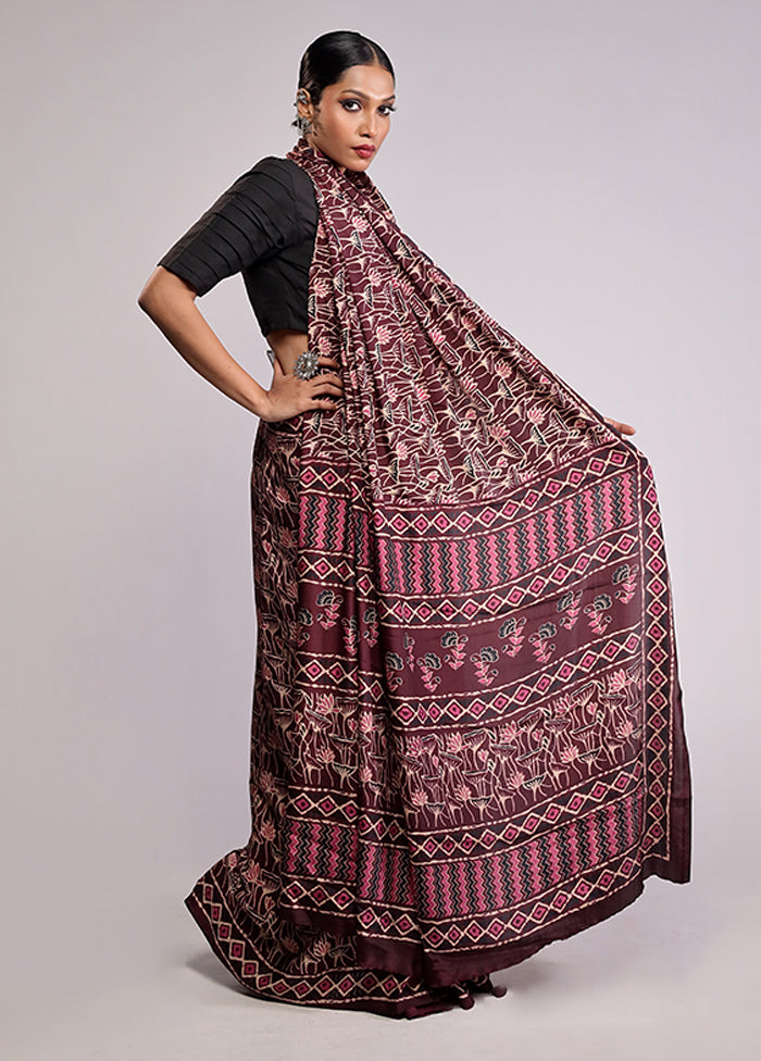 Maroon Printed Silk Saree With Blouse Piece