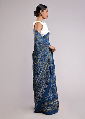 Blue Printed Silk Saree Without Blouse Piece