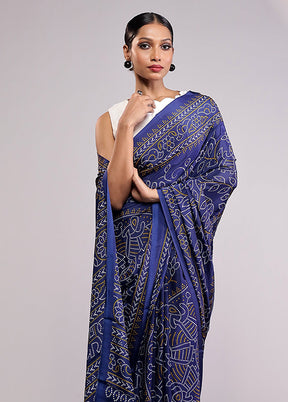 Blue Printed Silk Saree With Blouse Piece