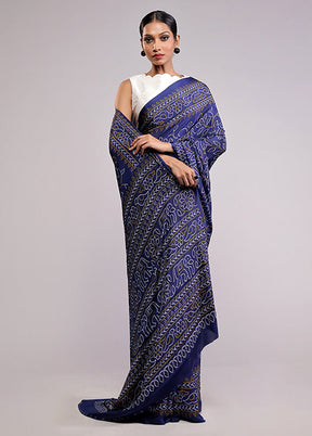Blue Printed Silk Saree With Blouse Piece