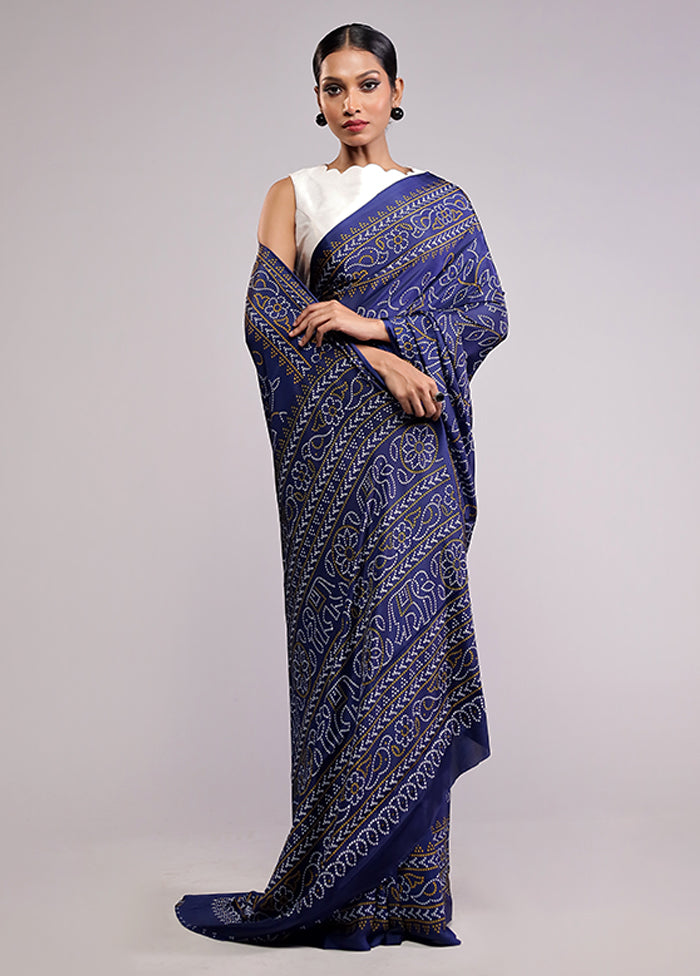 Blue Printed Silk Saree With Blouse Piece