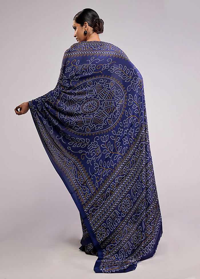 Blue Printed Silk Saree With Blouse Piece