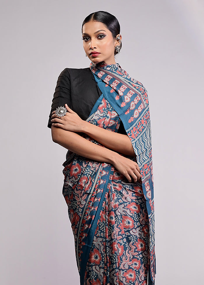 Blue Printed Silk Saree With Blouse Piece