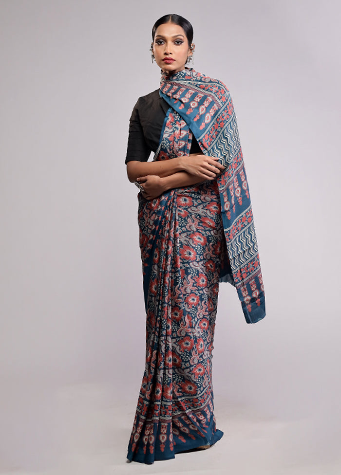 Blue Printed Silk Saree With Blouse Piece