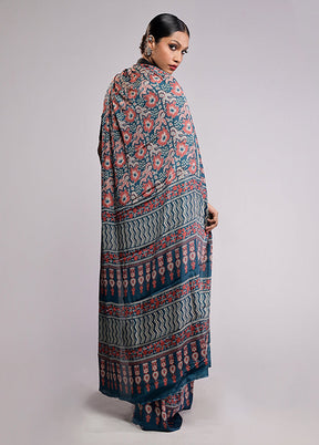 Blue Printed Silk Saree With Blouse Piece