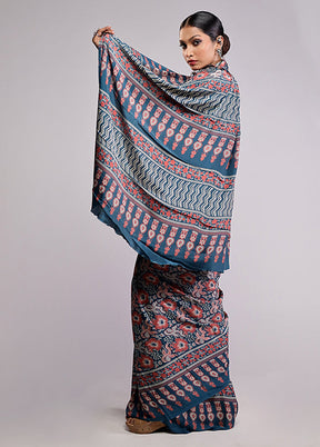 Blue Printed Silk Saree With Blouse Piece