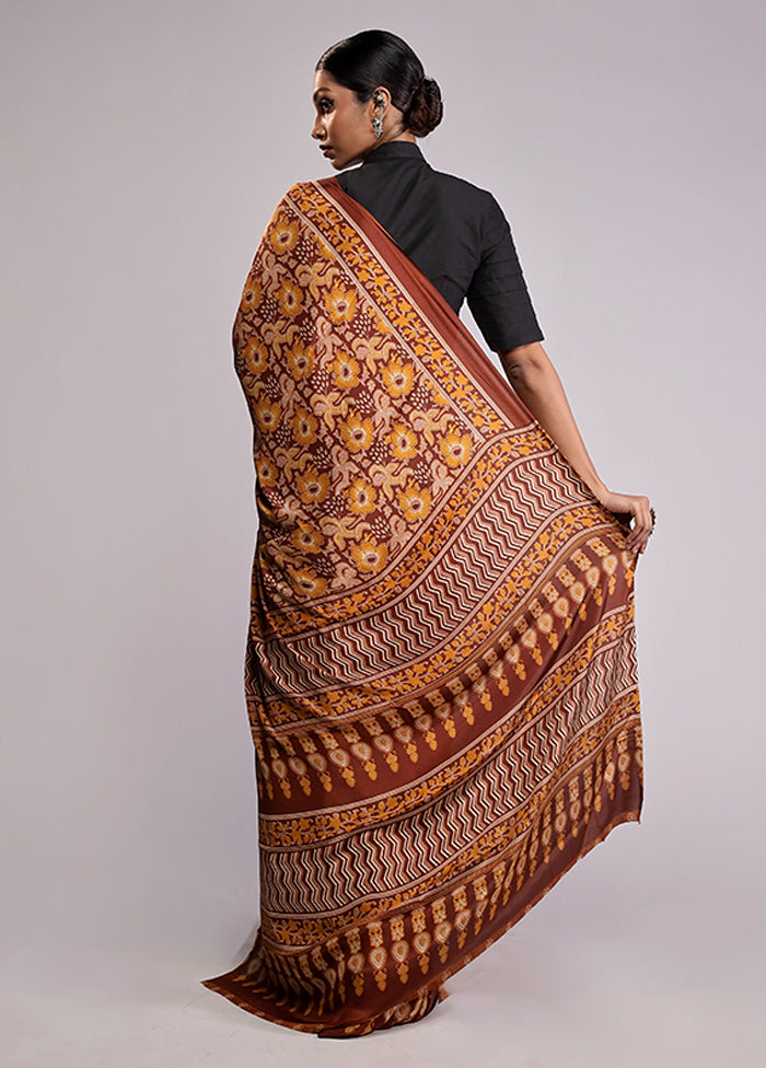 Yellow Printed Silk Saree Without Blouse Piece