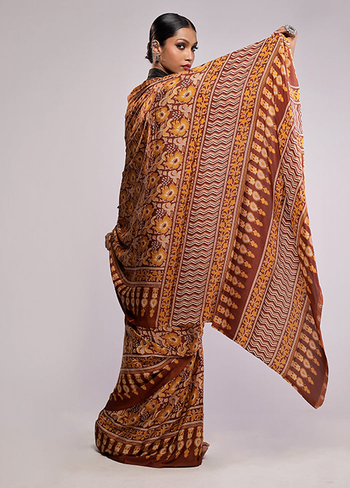 Yellow Printed Silk Saree Without Blouse Piece