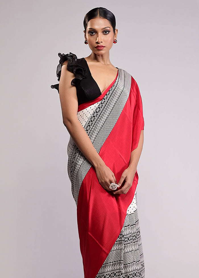 White Printed Silk Saree Without Blouse Piece