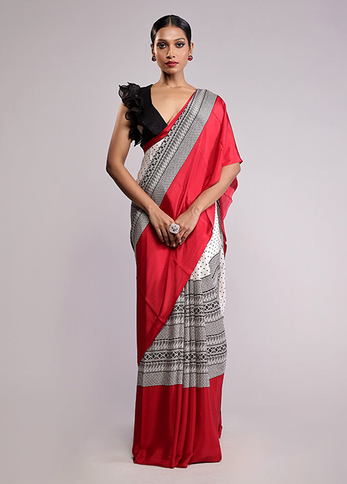White Printed Silk Saree Without Blouse Piece