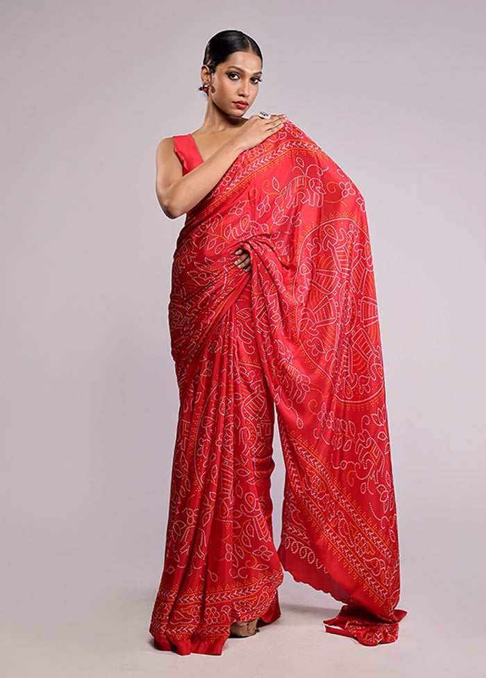 Red Printed Silk Saree Without Blouse Piece