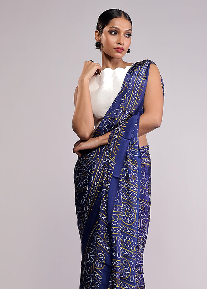 Blue Printed Silk Saree With Blouse Piece