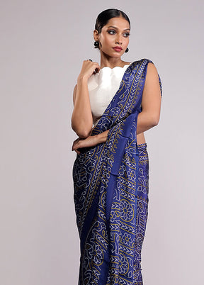 Blue Printed Silk Saree With Blouse Piece