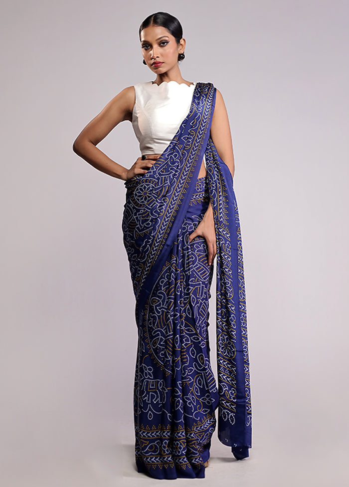 Blue Printed Silk Saree With Blouse Piece