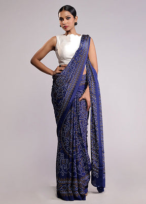 Blue Printed Silk Saree With Blouse Piece