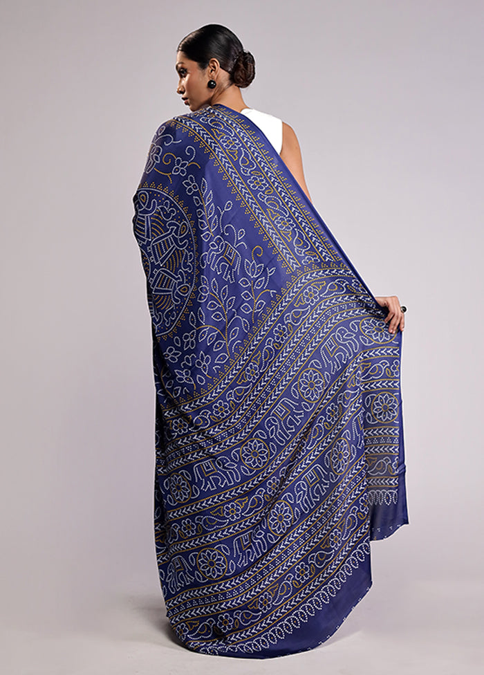 Blue Printed Silk Saree With Blouse Piece