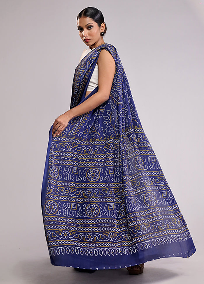 Blue Printed Silk Saree With Blouse Piece