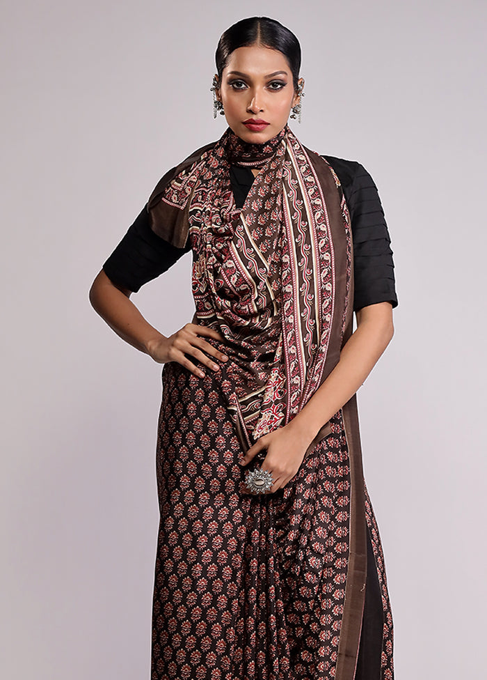 Brown Printed Silk Saree Without Blouse Piece