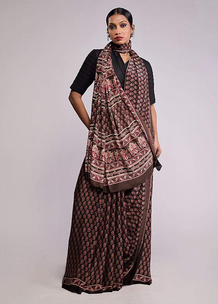 Brown Printed Silk Saree Without Blouse Piece