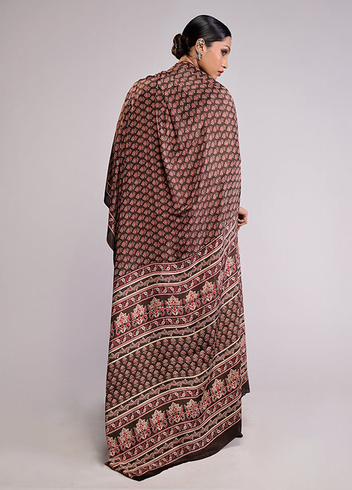 Brown Printed Silk Saree Without Blouse Piece