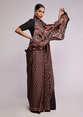Brown Printed Silk Saree Without Blouse Piece