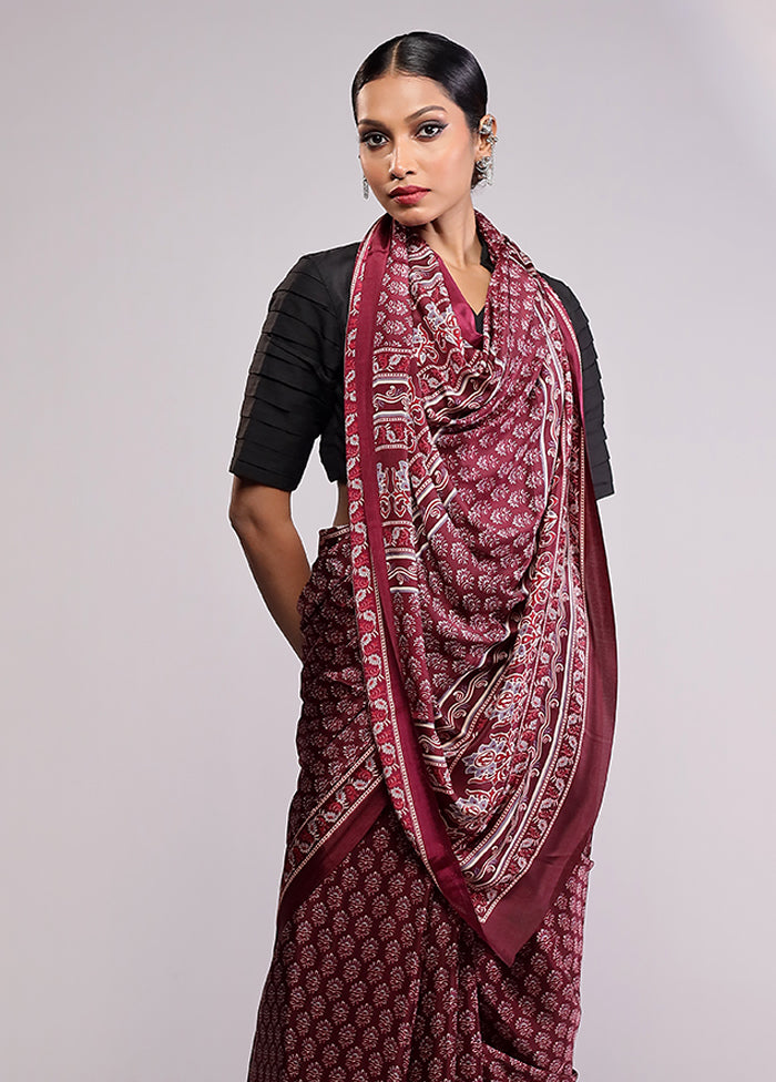 Maroon Printed Silk Saree Without Blouse Piece