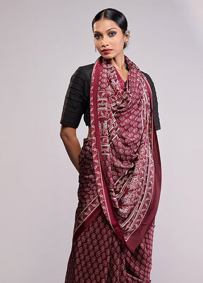 Maroon Printed Silk Saree Without Blouse Piece