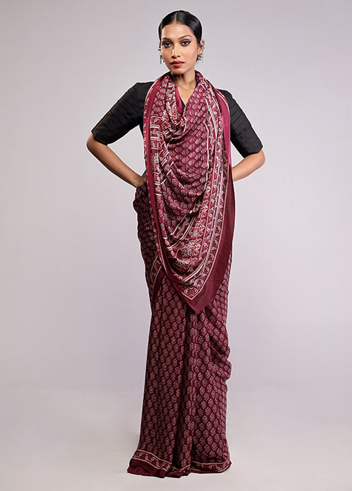 Maroon Printed Silk Saree With Blouse Piece