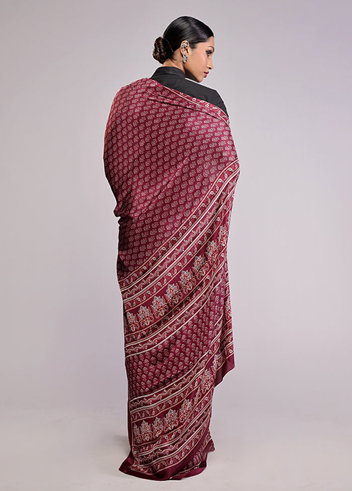 Maroon Printed Silk Saree With Blouse Piece