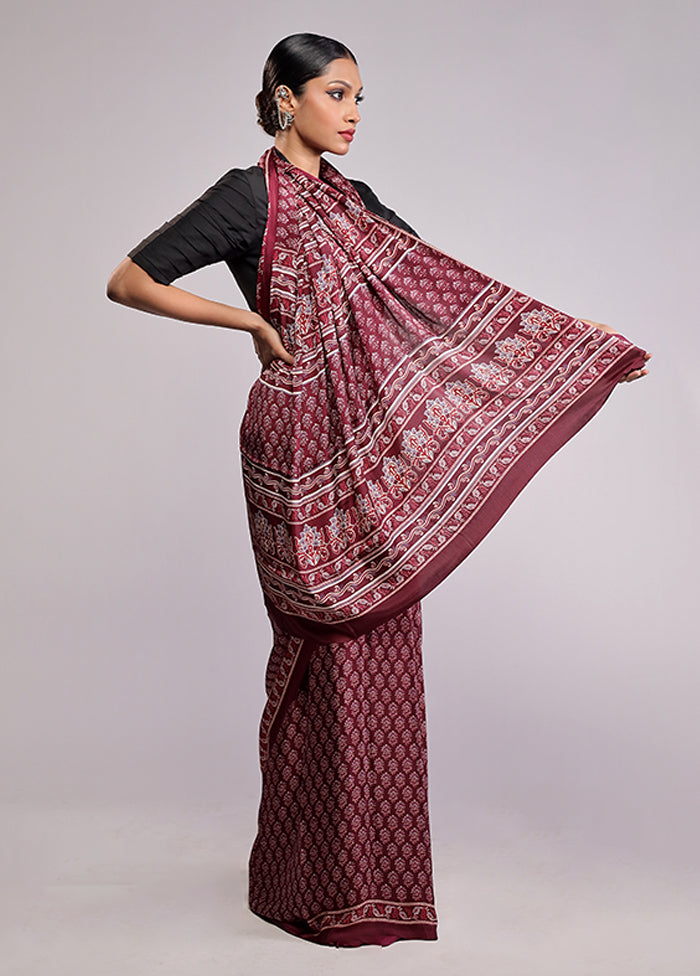 Maroon Printed Silk Saree With Blouse Piece