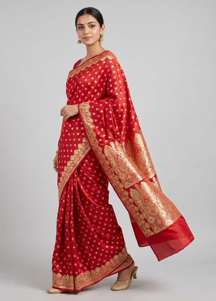 Red Handloom Banarasi Pure Silk Saree With Blouse Piece
