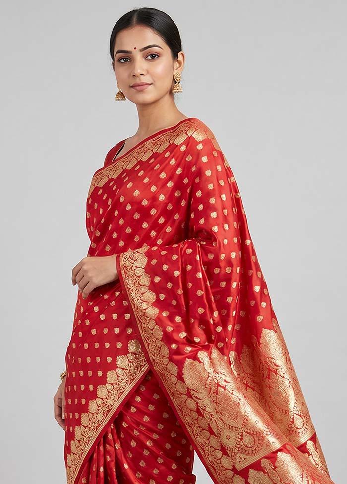 Red Handloom Banarasi Pure Silk Saree With Blouse Piece