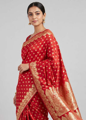 Red Handloom Banarasi Pure Silk Saree With Blouse Piece