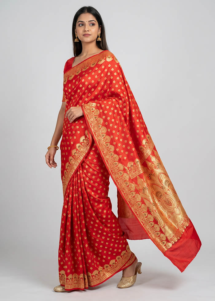 Red Handloom Banarasi Pure Silk Saree With Blouse Piece