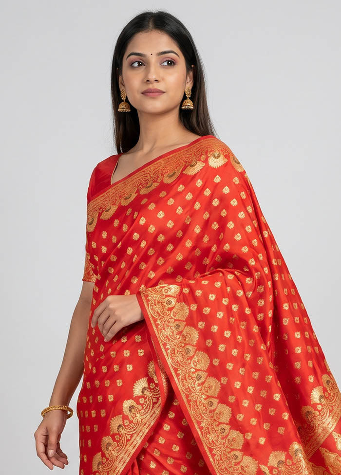 Red Handloom Banarasi Pure Silk Saree With Blouse Piece