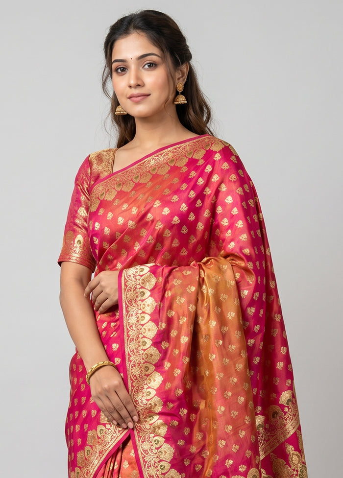 Pink Handloom Banarasi Pure Silk Saree With Blouse Piece