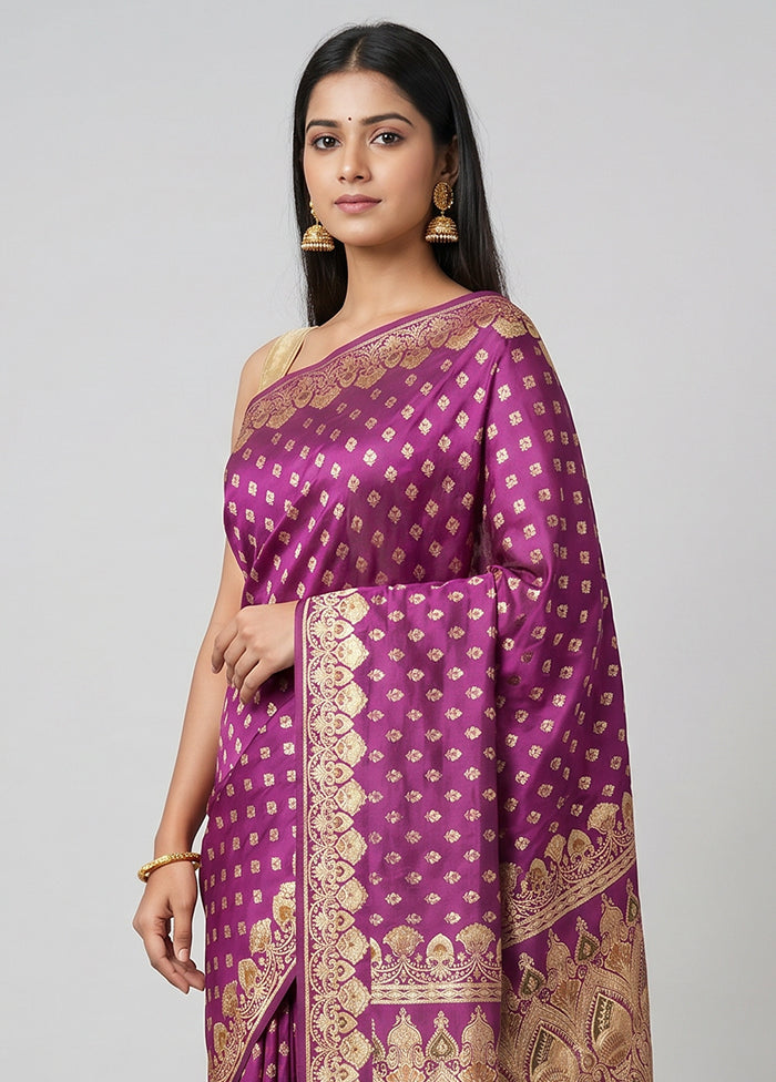 Purple Handloom Banarasi Pure Silk Saree With Blouse Piece
