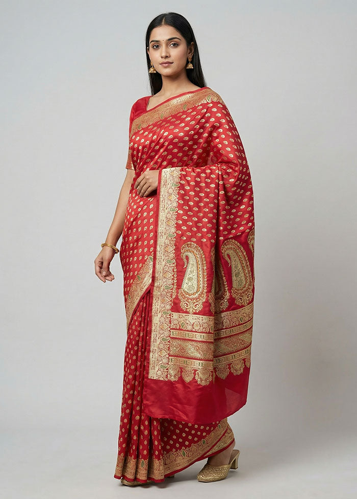 Red Banarasi Silk Saree With Blouse Piece