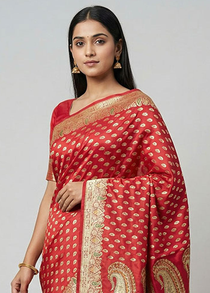 Red Banarasi Silk Saree With Blouse Piece