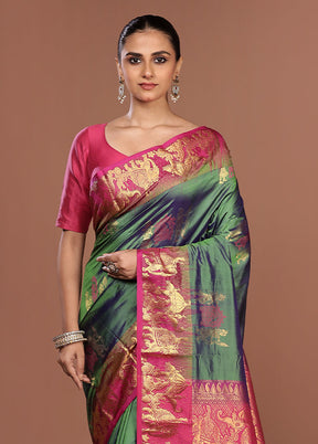 Green Handloom Kanjivaram Pure Silk Saree With Blouse Piece