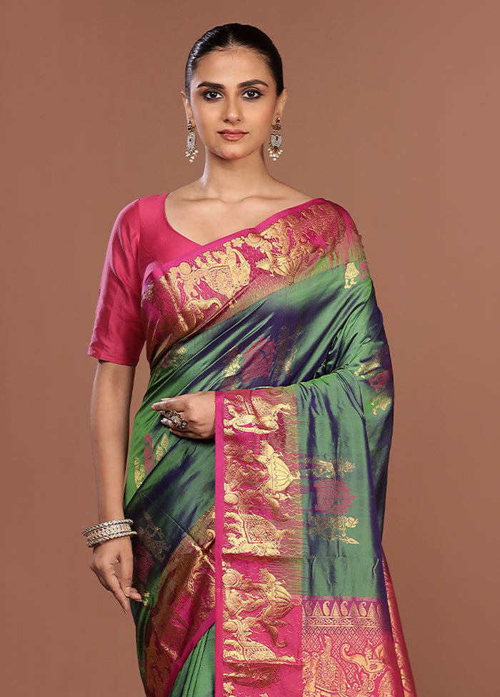 Green Handloom Kanjivaram Pure Silk Saree With Blouse Piece