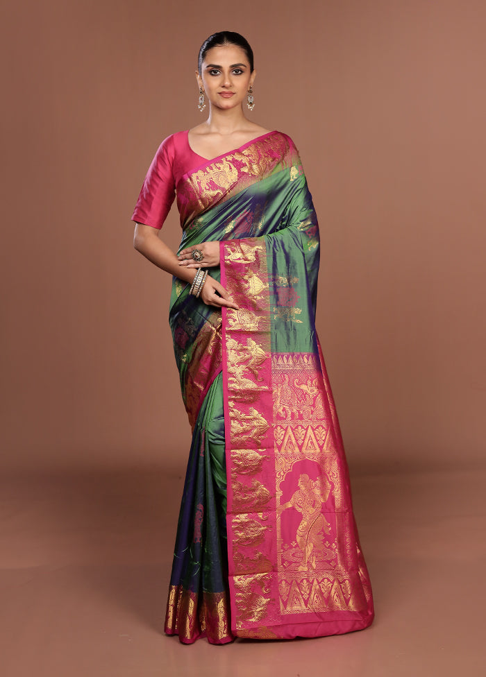 Green Handloom Kanjivaram Pure Silk Saree With Blouse Piece